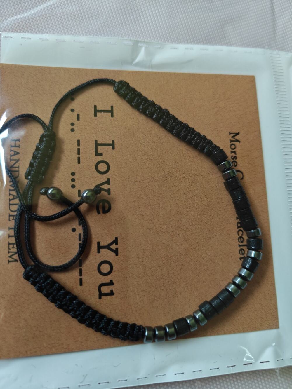 Handmade Morse Code Bracelet ‘I Love You’ Adjustable Black Cord Minimalist Gift